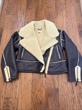 Pilcro Shearling Trim Faux Leather Aviator Jacket -  Brown&Cream, Med